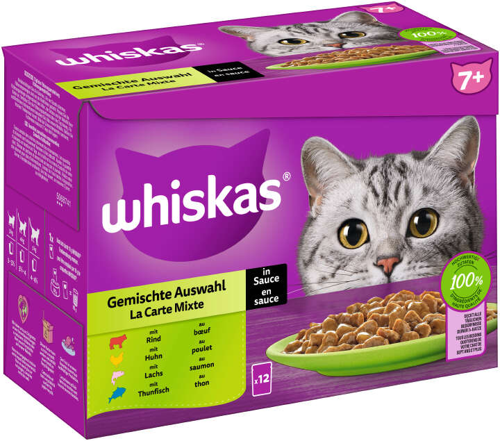 whiskas Katzen-Nassfutter Portionsbeutel Multipack 7+ Gemischte Auswahl in Sauce 12 x 85g